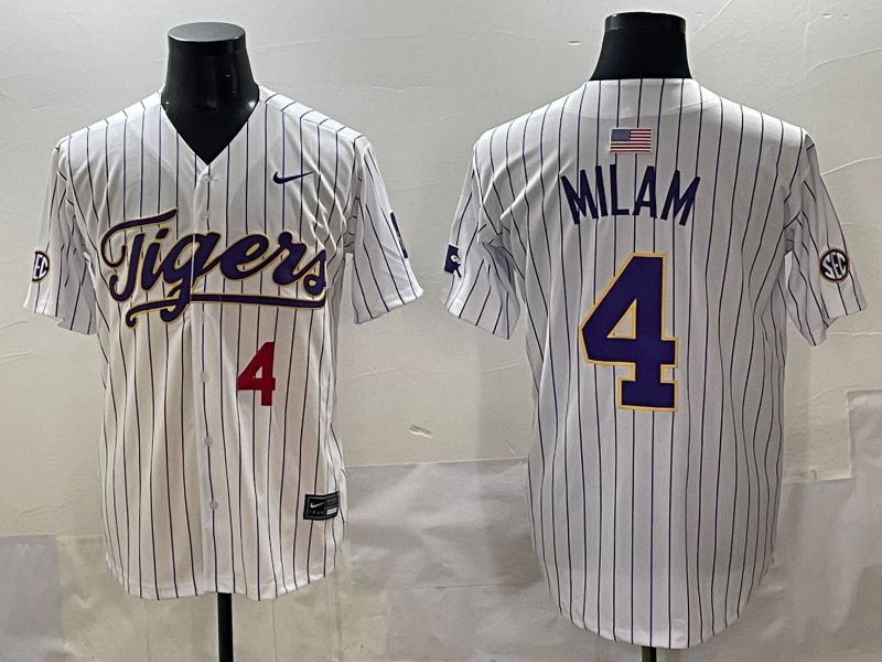Men 2025 LSU Tigers #4 Milam White Stripe Nike Joint Name Nike NCAA Jersey style 4